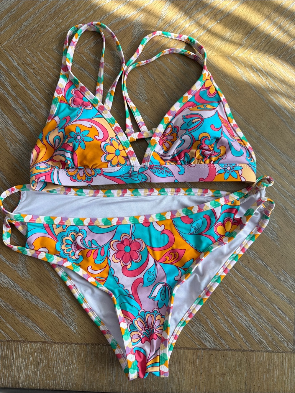 Source Unknown Floral Turquoise, Pink & Yellow Bikini Set